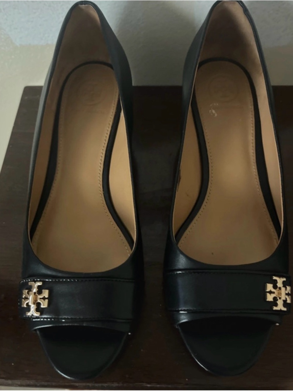 Tory Burch Size 8M Black Peep-Toe Heels with Gold Logo Accent